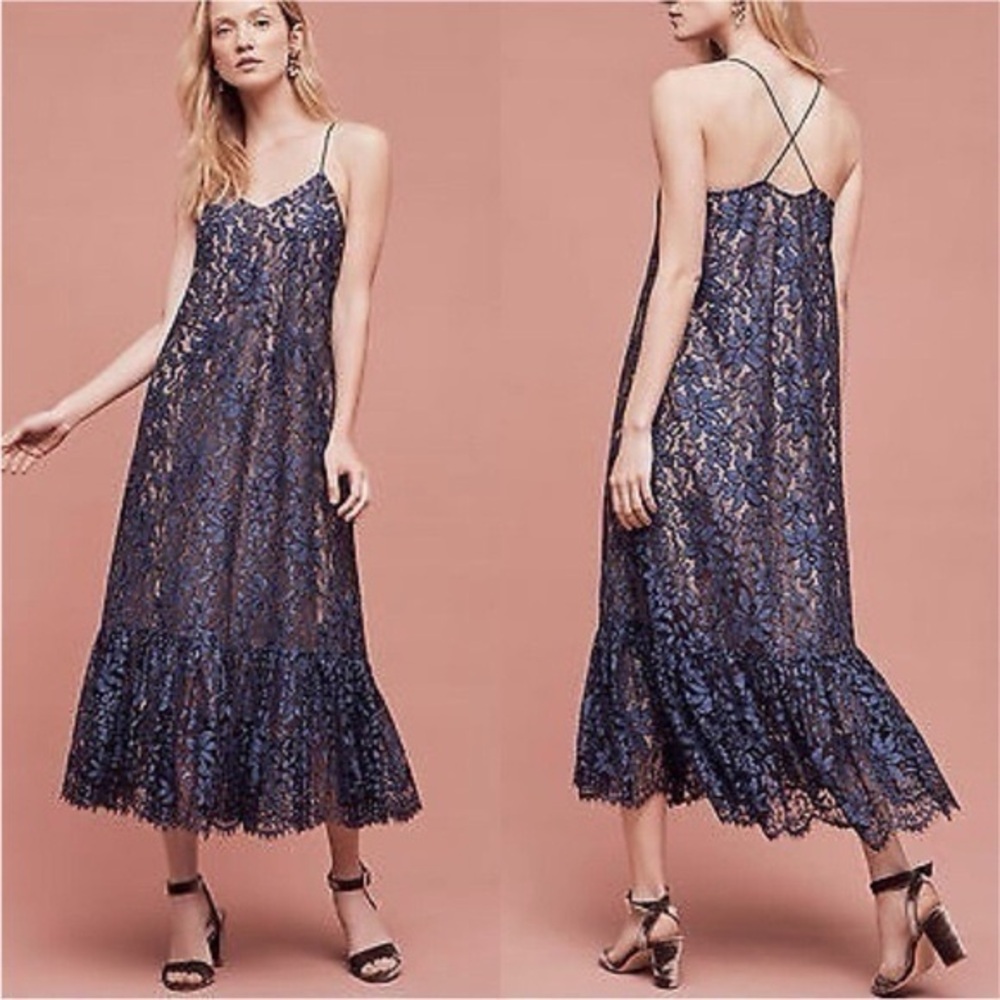 Anthropologie Moulinette Soeurs Celestial Lace Midi Maxi Dress in navy blue